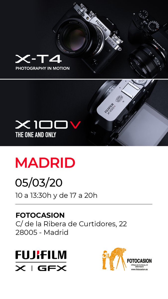 El próximo 5 de marzo os esperamos en #fotocasion para que conozcáis las nuevas @esfujifilmx Fujifilm  X-T4 y X100V . Reserva tu plaza enviando un mail a formacion@fotocasion.es con el asunto "Fujifilm mañana" o "Fujifilm tarde" dependiendo del turno al que quieras venir.
