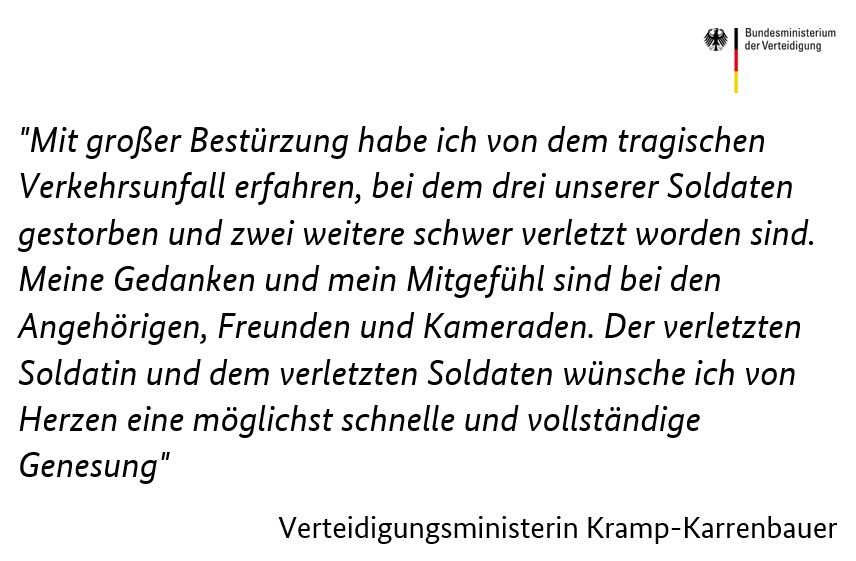 BMVg_Bundeswehr's tweet photo. Bei einem Verkehrsunfall in Mecklenburg-Vorpommern sind gestern Abend drei Soldaten ums Leben gekommen und ein Soldat und eine Soldatin schwer verletzt worden. Zu dem tragischen Ereignis Verteidigungsministerin Kramp-Karrenbauer @akk: https://t.co/wvcq9lbFKk