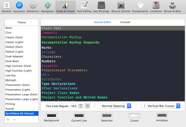 matthias_code's tweet photo. Has anybody figured out yet how to best assign #SynthWave84 to the Xcode-colors? #iosDev #vscode https://t.co/s4p86PVxd6