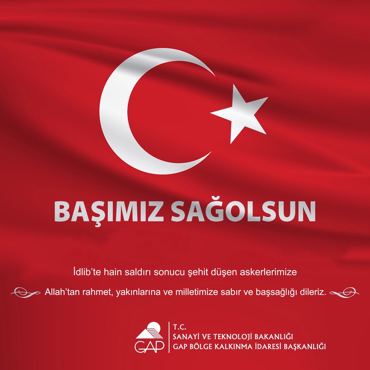 #İdlib’te hain saldırı sonucu şehit düşen askerlerimize Allah’tan rahmet, yakınlarına ve milletimize sabır ve başsağlığı dileriz.