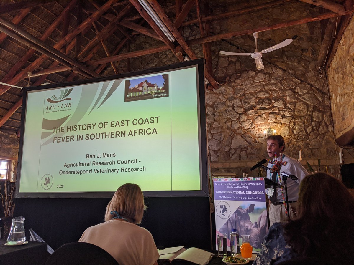 Ben Mans discusses East Coast Fever in South Africa + highlights importance of history for informing present day recommendations about prophylaxis, vaccination, etc. Deprnds on idea if ECF still exists or is eradicated #wahvm2020