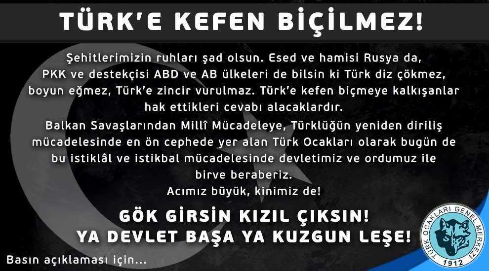turkocaklari's tweet photo. Türk’e Kefen Biçilmez!
Basın Açıklaması için: https://t.co/D6a8ATx7Av https://t.co/jO9V6dtwyv