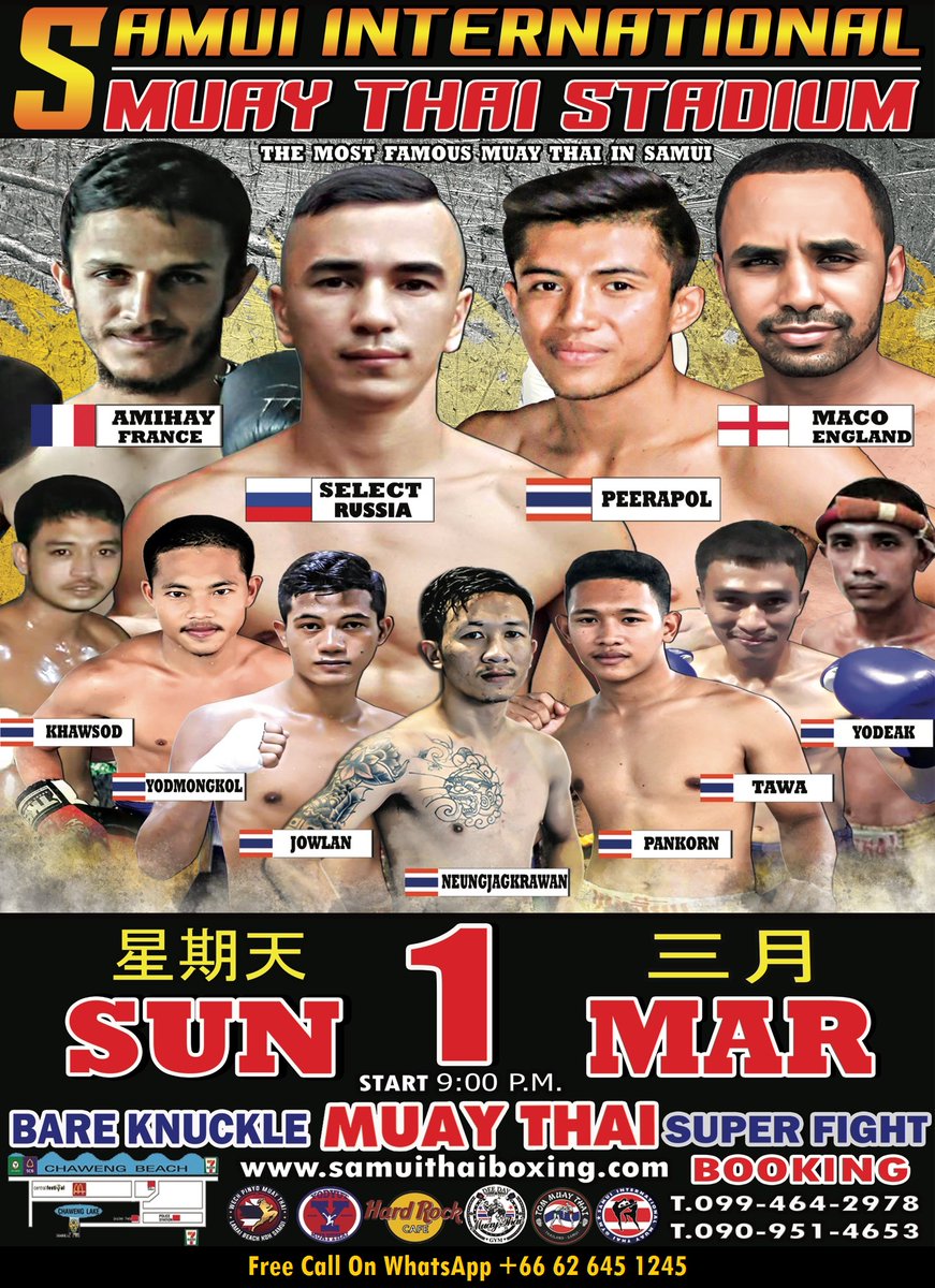 samuiboxing's tweet photo. This Sunday 1st, March 2020

The stadium will be bouncing the atmosphere electric can you afford to miss this action.

Free call on Whats App +66 62 645 1245

Get your tickets here
https://t.co/fYCd067RoT

#samuimuaythai
#samuiboxing
#muaythaistadiums
@SIMTSboxoffice https://t.co/0JyXO7x6mV
