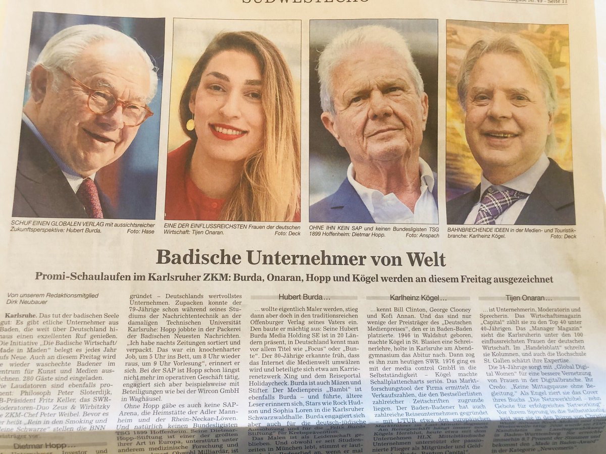 Bin sehr aufgeregt, liebe Leute! Heute Abend werde ich mit dem #madeinbaden Award ausgezeichnet 💃🏽💃🏽🚀! Auch unter den Preisträgern: Hubert Burda <a href="/burda_news/">Hubert Burda Media</a> , Dietmar Hopp <a href="/SAPdach/">SAP D-A-CH</a> und Karlheinz Kögel! 
<a href="/BNN_BaNeuNa/">BNN</a> <a href="/gd_women/">Global Digital Women</a> <a href="/dfla_official/">Digital Female Leader Award</a> @ACI_Diversity