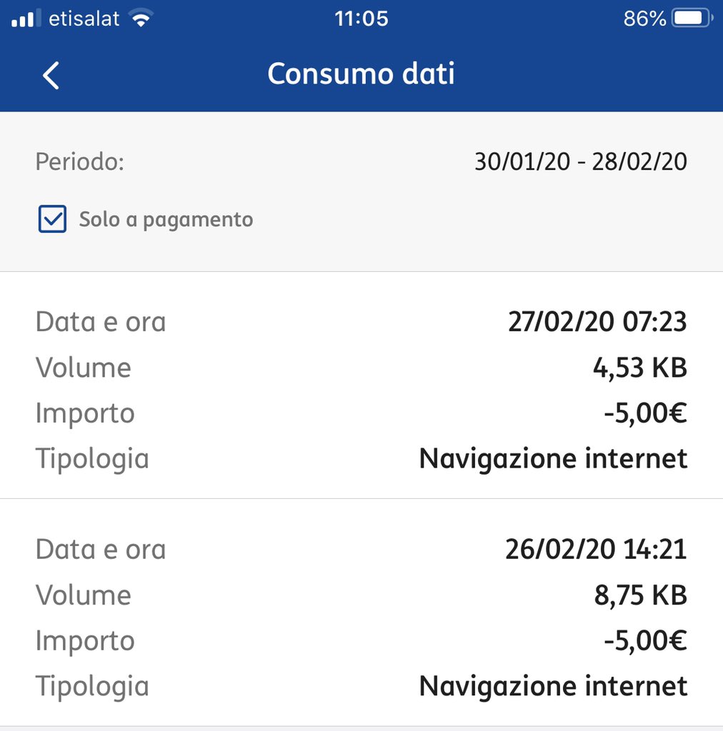 tgca74's tweet photo. @TIM4UAlessio Ciao sono in egitto dal giorno 23 febbraio fino al 1 marzo. Appena arrivato ho disattivato il roaming e comprato una scheda locale che utilizzo con modem wifi. Ieri mi sono stati addebitati 10€ per consumo dati. Come è possibile? Allego foto. https://t.co/FDJGzdosZR