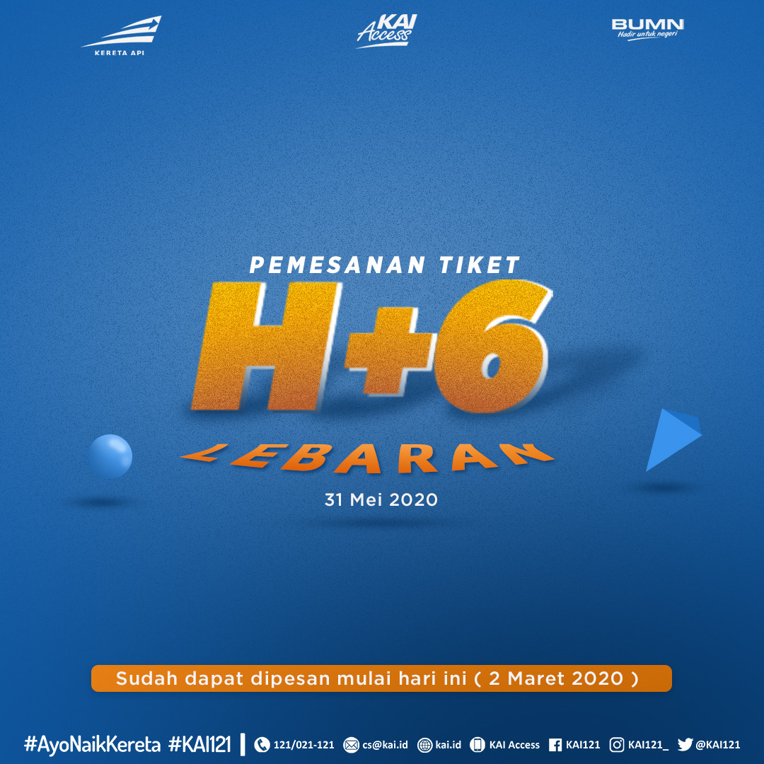 KAI121's tweet photo. #SahabatKAI, pemesanan Tiket Kereta untuk H+6 Lebaran (tanggal 31 Mei 2020), sudah dapat dilakukan mulai hari ini (2 Maret 2020).

#MudikNaikKereta #AyoNaikKereta https://t.co/wfhuYiteN0