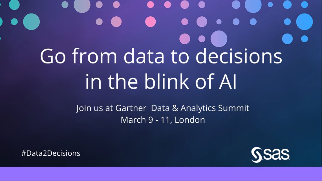 SASpoland's tweet photo. Join SAS at the Gartner Data and Analytics Summit in London as we show how through innovative software and services, SAS empowers and inspires customers around the world to transform data into intelligence #Road2AI, #ModelOps, #Data2Decisions
https://t.co/bYcRPBpUMw https://t.co/o4xgmzP6hn