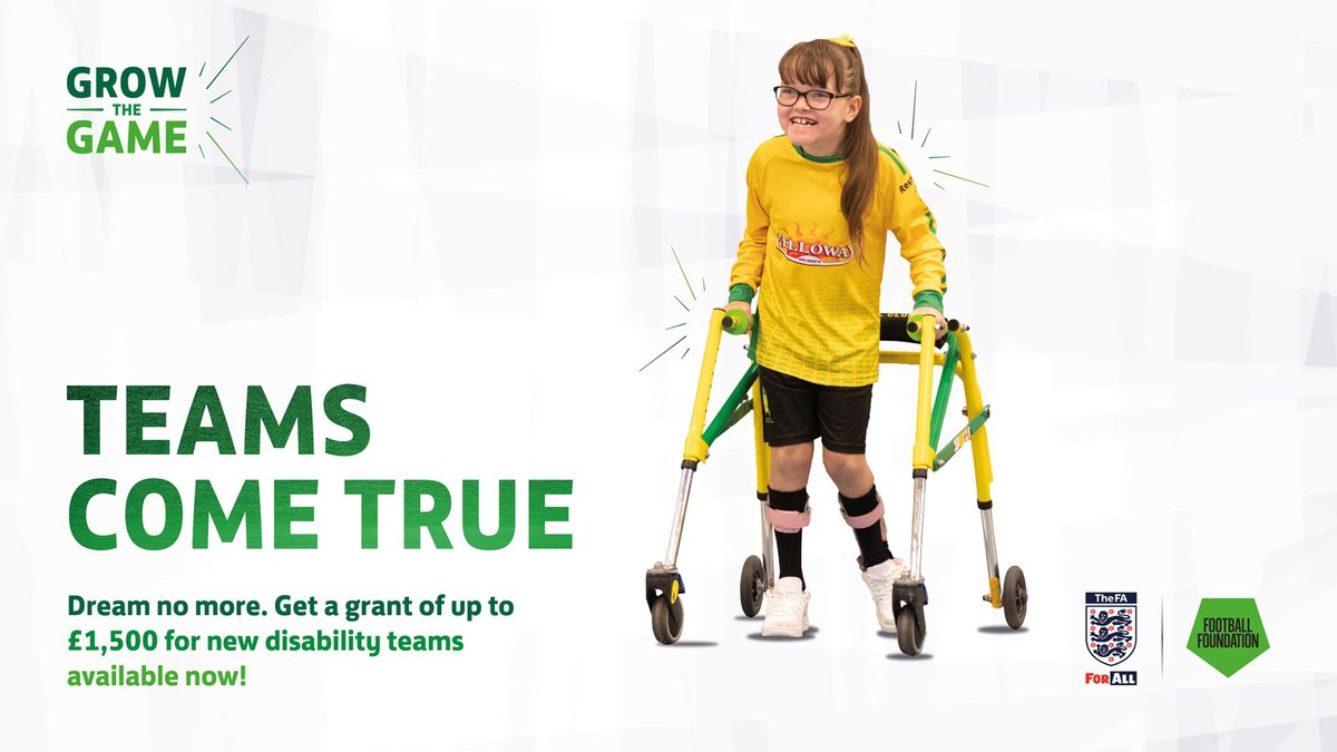 Dreams really do come true. You could get a grant of up to £1,500💸 to get the ball rolling for a new disability football team. 

The fund is on a first come first serve basis, apply now. 

Don’t miss the opportunity⬇️
bit.ly/2SiXdnW 

#GrowtheGame