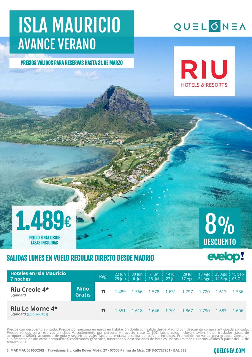 TravelAEstrada's tweet photo. XA CHEGA O VERÁN‼️

📍 7 noites en Isla Mauricio
🤑1.489€ TODO INCLUÍDO
✈️ Saídas dende Madrid

Precios válidos ata o 31 de Marzo. 

Reserva xa!! 

#SimplyTravel #SimplementeViaxa #AEstrada #IslaMauricio https://t.co/eFRdbUGYwp