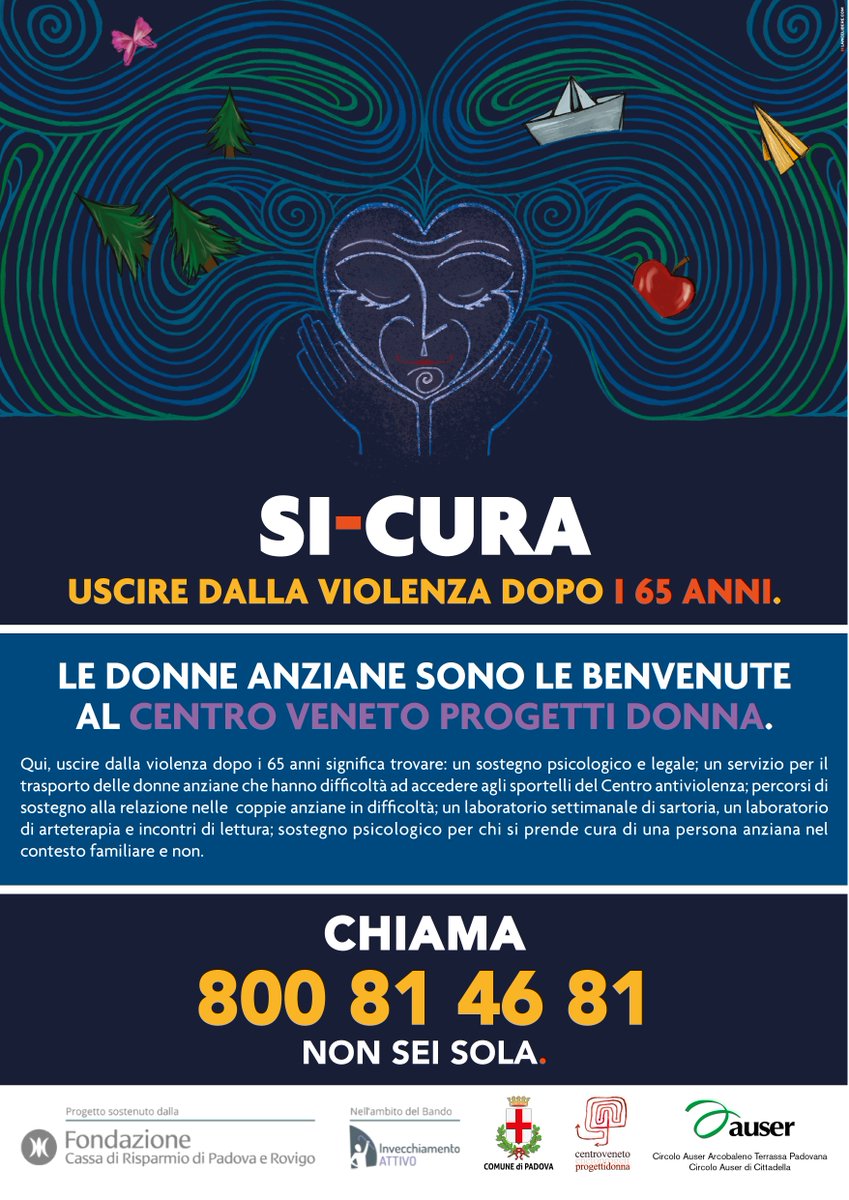 comunepadova's tweet photo. 👵🤝 Il @CentroDonnaPd promuove il progetto "Si-cura. Uscire dalla violenza dopo i 65 anni"

La finalità è favorire relazioni positive con altre donne e superare la condizione di isolamento, garantendo sostegno psicologico e legale

Info ➡️ https://t.co/JqlXGMuPYj #Padova https://t.co/dKNeP1hwxu