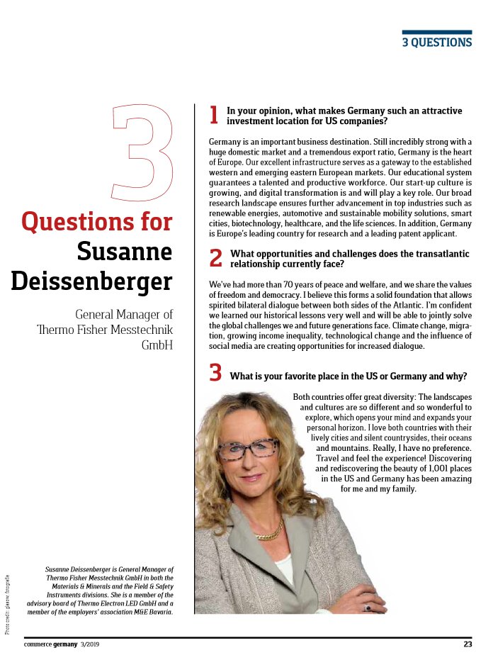 AmChamGermany's tweet photo. What makes Germany an attractive #investment location for #US companies and what challenges does the #transatlantic relationship currently face? Susanne Deissenberger from Thermo Fisher Messtechnik gave us her opinion in our issue of #commercegermany π https://t.co/IyK8heiIPo https://t.co/sdoTvfc4Uc