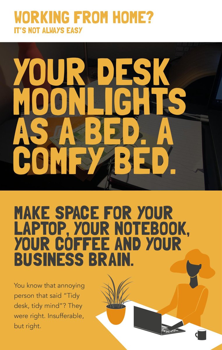 TomChivers's tweet photo. My excellent sister, who is a freelance graphic designer and, like me, works from home, has done a nice little set of helpful graphics about working from home. Naturally I disagree vehemently re: tidy desks https://t.co/Dk1N7YbXqU https://t.co/f535HTGdsF