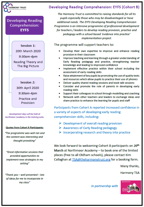 FREE for Oldham Schools - EYFS Developing Reading Comprehension 2 days of training starting Friday 20th March 2020 in partnership with <a href="/OldhamOA/">Oldham Opportunity Area</a> <a href="/OldhamCouncil/">Oldham Council</a> #oldham #teachertraining #oldhamhour #primary #reading more information below