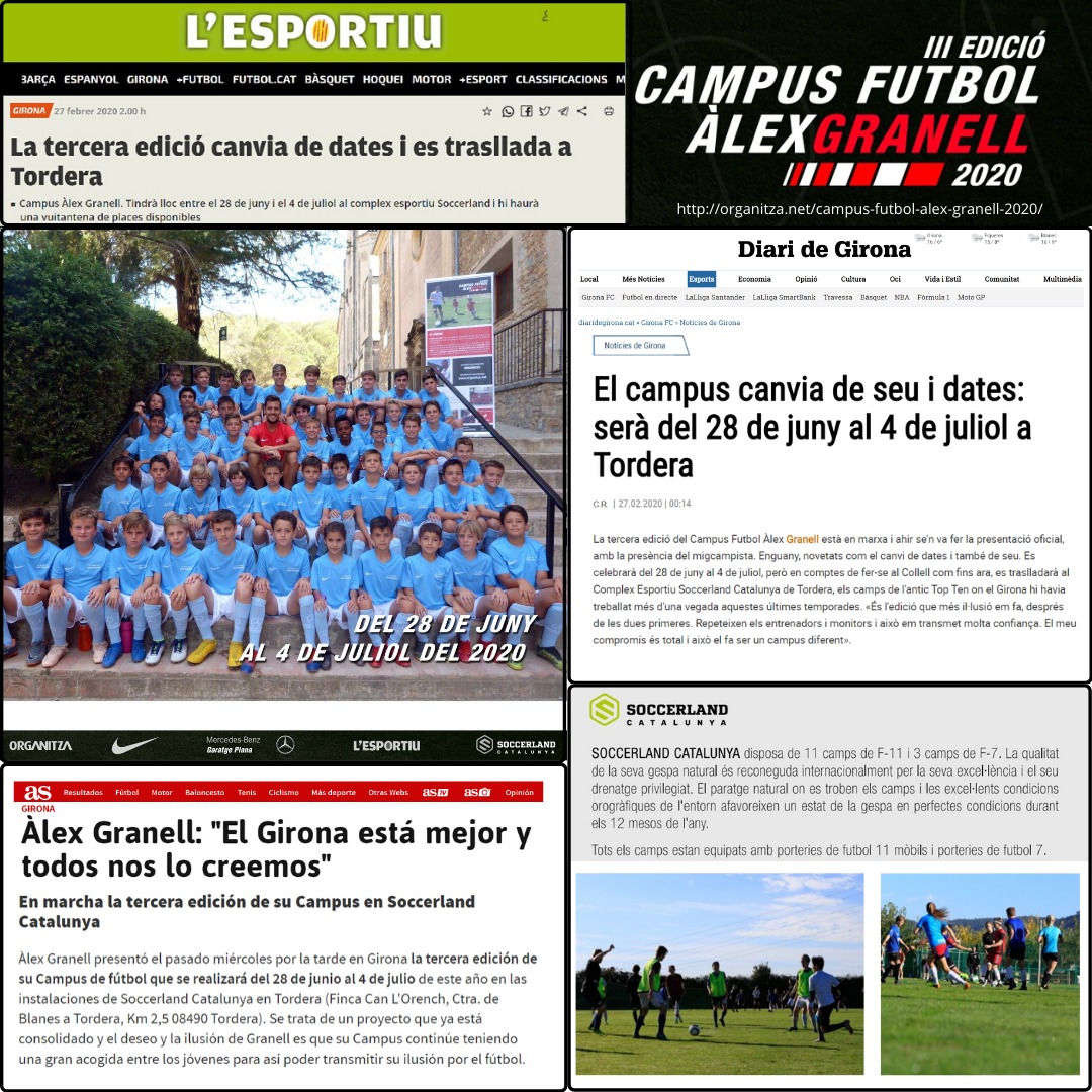 Gràcies per escollir SOCCERLAND CATALUNYA com a seu del III CAMPUS ALEX GRANELL.⚽️❤

Ens fa molta il·lusió acollir joves que volen aprendre futbol i valors d'un jugador referent.

🗓28.06.2020 - 04.07.2020
📍Soccerland Catalunya
✍organitza.net

#campusalexgranell