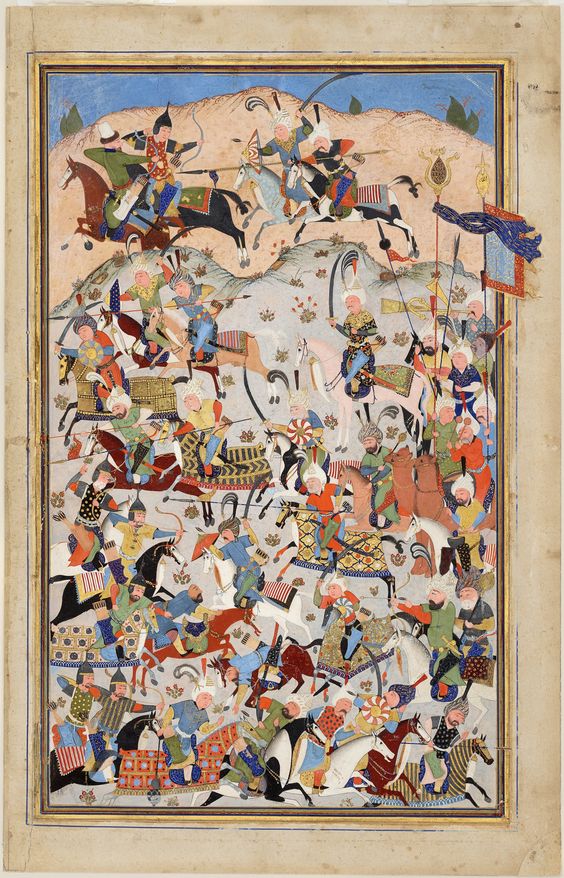 Folio from a Shahnama (Book of kings) by Ferdawsi (d.1020). Battle scene. Mahmud Musawwir. Safavid period, 1525-1550. School of Tabriz or Qazvin.
