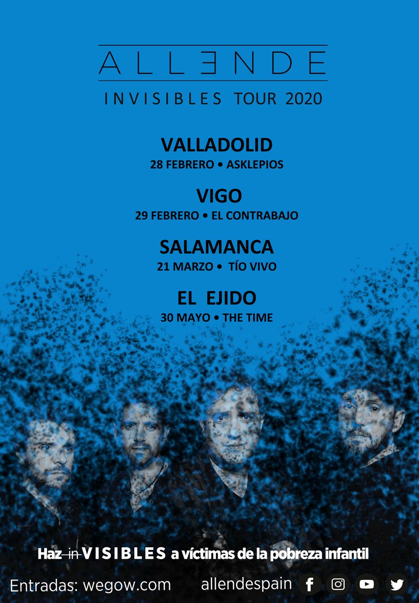 ALLENDE continúa la Gira #Invisibles.

Vie/28/Feb: #VALLADOLID (<a href="/AsklepiosVA/">Asklepiosconciertos</a>);
Sáb/29/Feb: #VIGO (<a href="/El_Contrabajo/">El Contrabajo</a> )

“El grupo perfecto: Indies, rockeros, solidarios y con talento." 
<a href="/Indie_Cool_/">IndieCool</a> 

“Canciones que agitan conciencias. Rock emocionante." <a href="/ElFaroMotril/">ElFaro</a> 

🎟: <a href="/wegowES/">wegowes</a>