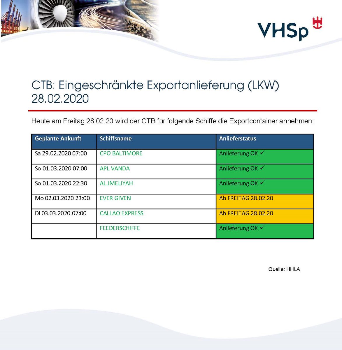 +++CTB: Eingeschränkte Exportanlieferung (LKW) 28.02.20+++

#anlieferung #hamburg #export #container #hafen #burchardkai