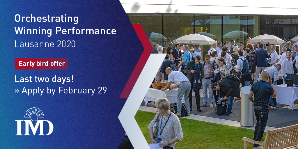 IMD_Bschool's tweet photo. Last two days to take advantage of our early bird offer to join Orchestrating Winning Performance in Lausanne in June! We will be covering over 45 topics and trends including: #digital #strategy #innovation #leadership and more. More info: https://t.co/xWmDCDVRkj #IMDImpactOWP https://t.co/PRtW7vs1qO