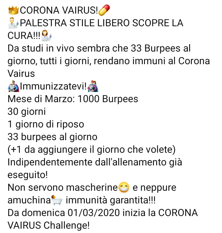 SacFede's tweet photo. #Coronaviriusitalia 
#Coronavid19 
#Vairus
#CoronaVairus 
#COVID2019 
#Burpees
#Challenge
#1000Burpees 
@cillabarci 
@EdoSaccani 
@MATTEORICCIO https://t.co/3z8tmUWNyc
