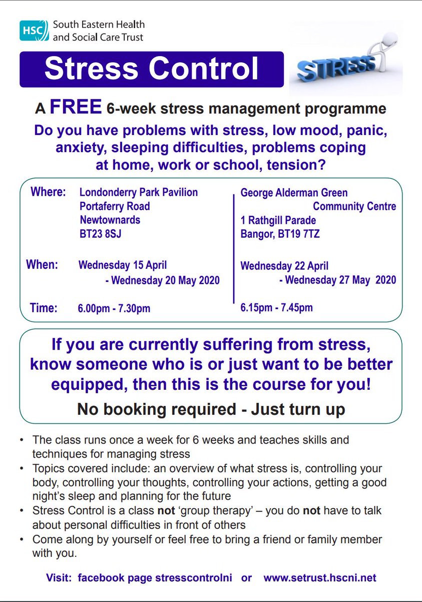 Room_psych's tweet photo. #Stress Control Classes, #Newtownards and #Bangor area in April and May 2020. Free to attend. Excellent resource to learn how to cope better with low mood and #anxiety https://t.co/xxw6Z1TNmZ