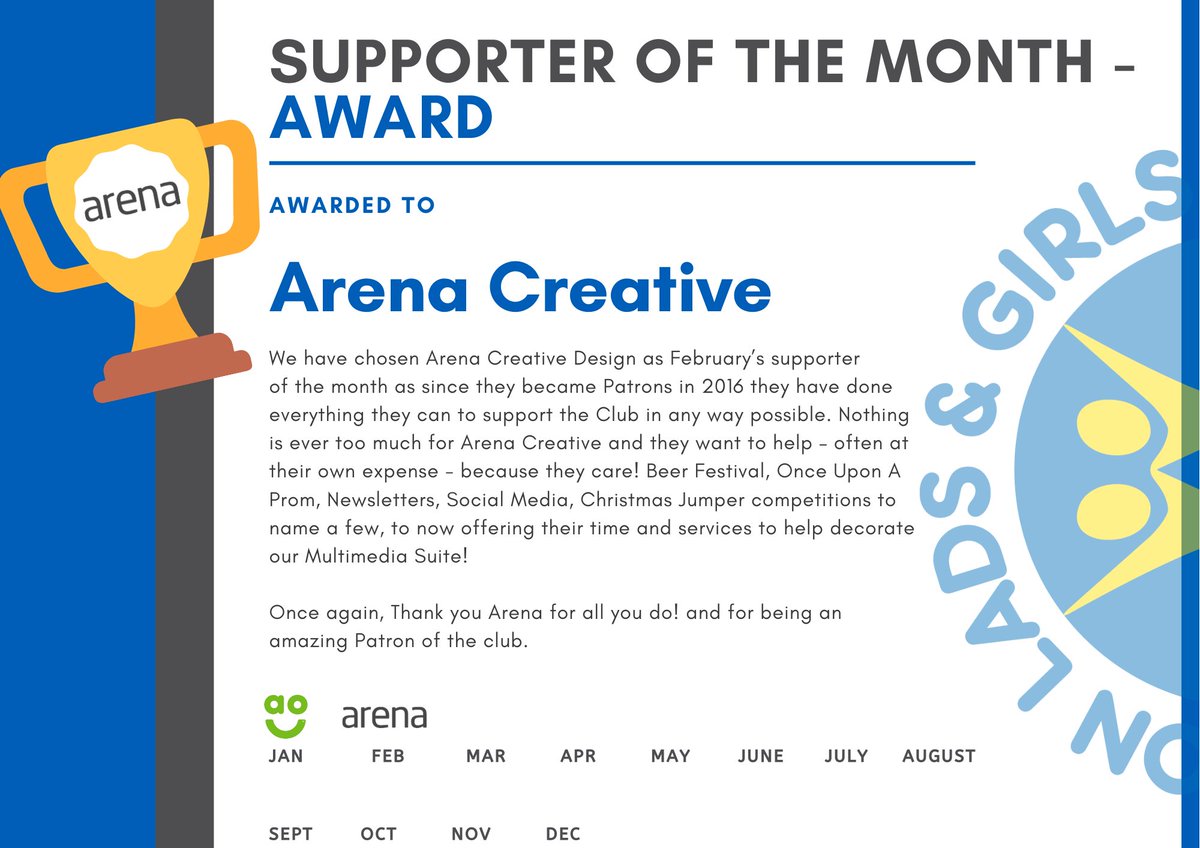 BLGCofficial's tweet image. Our February 'Supporter of the Month' Award goes to.. @ArenaCreativeD ✨
They have been patron's since 2016 and have done everything they can to support us. Nothing is ever too much for Arena and they want to help – often at their own expense - because they care. 💙 Thank you!