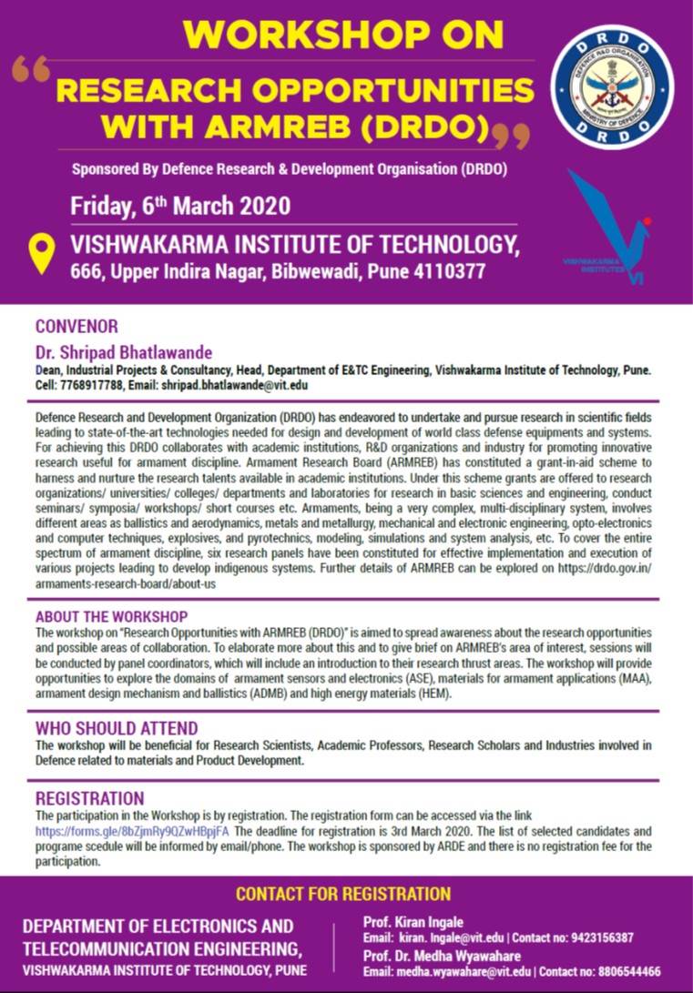 electronics_of's tweet photo. Department of E&amp;TC Engineering is organising a Workshop on "Research Opportunities with ARMREB (DRDO)" , sponsored by DRDO on 6th March 2020 https://t.co/JYJVYJijzQ