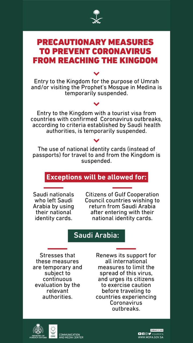 VisaDash's tweet photo. VDash would like to inform anyone travelling to Saudi Arabia that entrance to KSA has been temporarily suspended due to the #coronavirus outbreak. Please read  the announcement and we will keep you up to date with any new information. #newsalert #travel #SaudiArabia https://t.co/b3MrjmipGz
