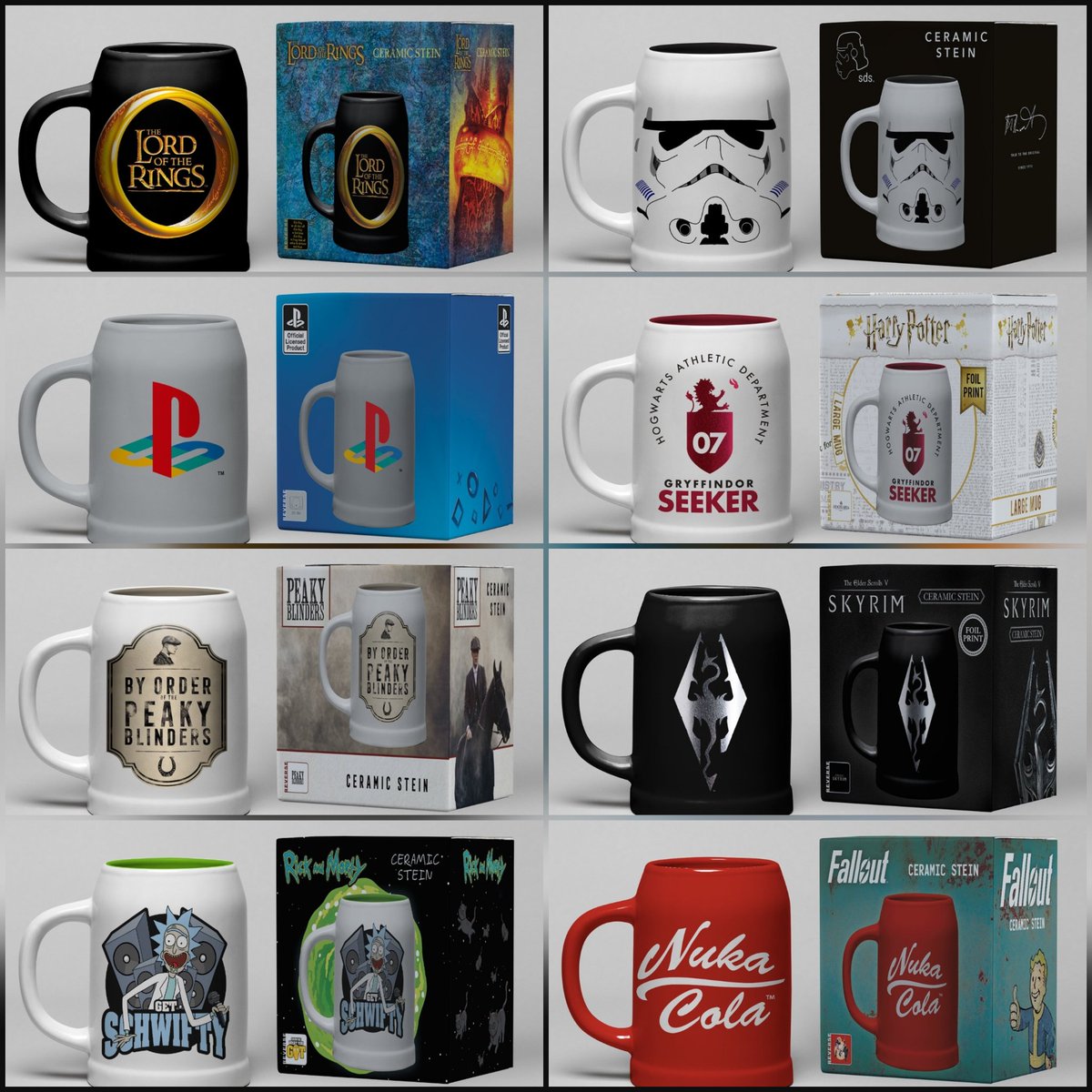 HMVGB's tweet photo. It's Friday! Show some love for our gorgeous new ceramic steins.... 
#LordOfTheRings #Stormtrooper #PlayStation #PeakyBlinders #HarryPotter #skyrim #rickAndMorty #Fallout https://t.co/nWLzQCt8wh