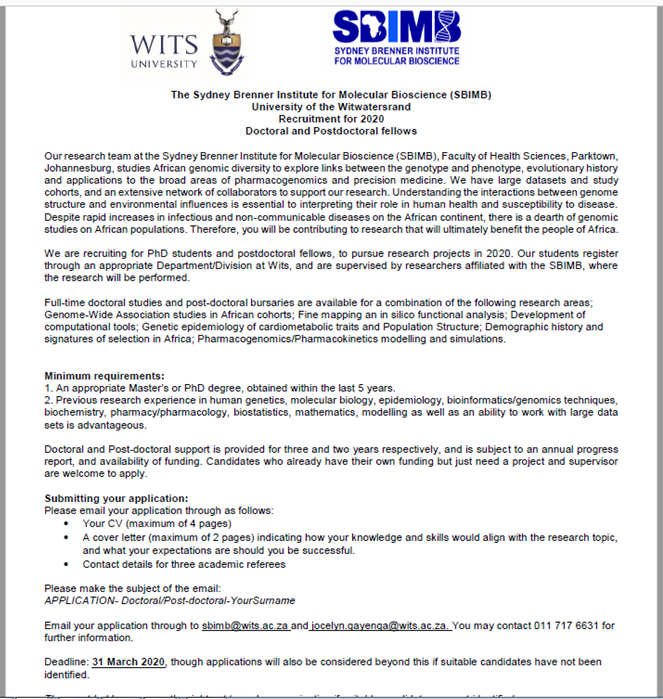 H3ABioNet's tweet photo. Opportunity alert: The Sydney Brenner Institute for Molecular Bioscience (@SBIMB1) at the University of the Witwatersrand @WitsUniversity  are recruiting for doctoral and Postdoctoral fellows. Please see below for more: https://t.co/5H0G2GzMXP
