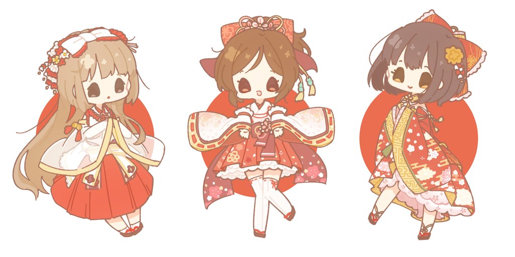 3girls multiple girls japanese clothes brown hair chibi long hair hair bow  illustration images