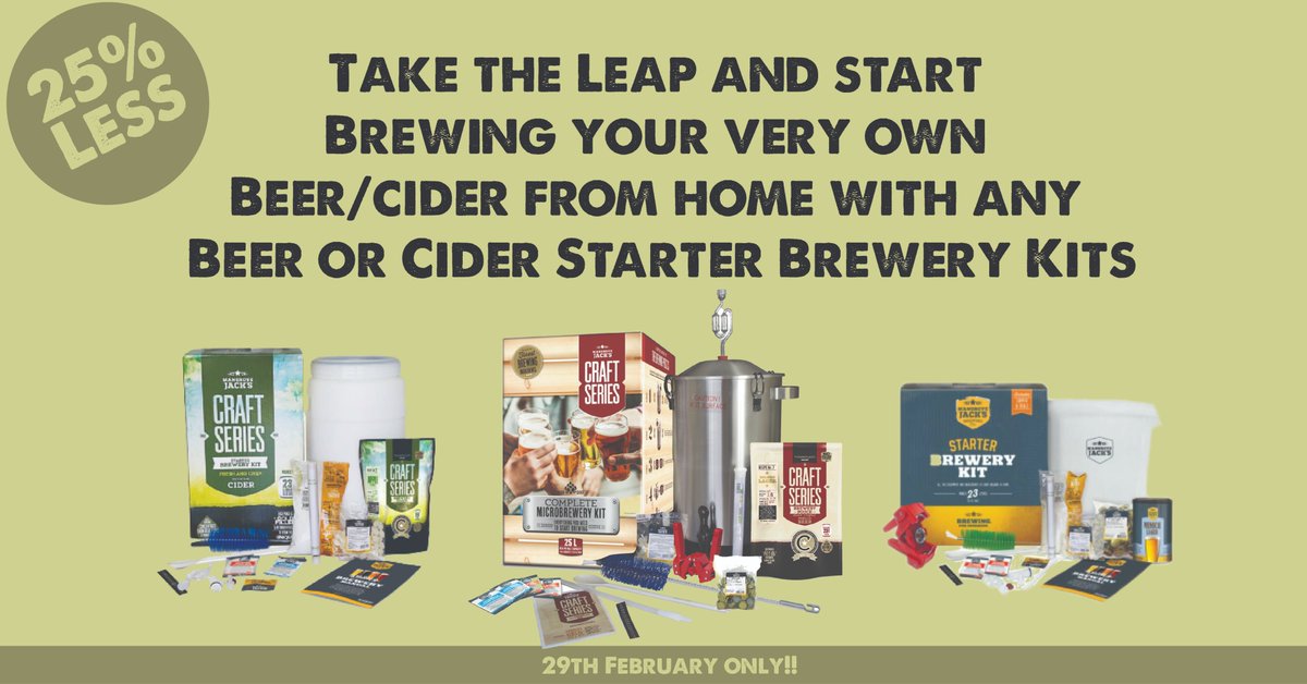 Take the Leap and start Brewing your very own beer/cider from home with any Beer or Cider Starter Brewery Kits, Gluten Free Starter kit also available!!🍺🍻😁
Exclusive to online order and in-store purchases😁😆 
29th February only!!!⏰Time is ticking!!