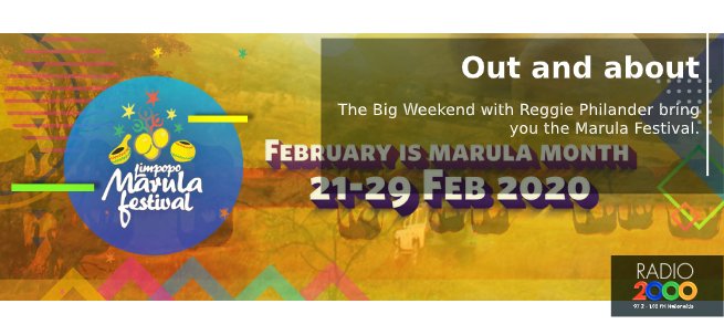 Radio 2000 (@radio2000_za) on Twitter photo The Big Weekend with <a href="/ReggiePhilander/">Reggie Philander</a> bring you the Limpopo Marula Festival 2020 bit.ly/2I0SiSz #MoreToEnjoy #Marulafest20 <a href="/golimpopo/">Limpopo Tourism Agency</a> The Big Weekend with <a href="/ReggiePhilander/">Reggie Philander</a> bring you the Limpopo Marula Festival 2020 bit.ly/2I0SiSz #MoreToEnjoy #Marulafest20 <a href="/golimpopo/">Limpopo Tourism Agency</a>