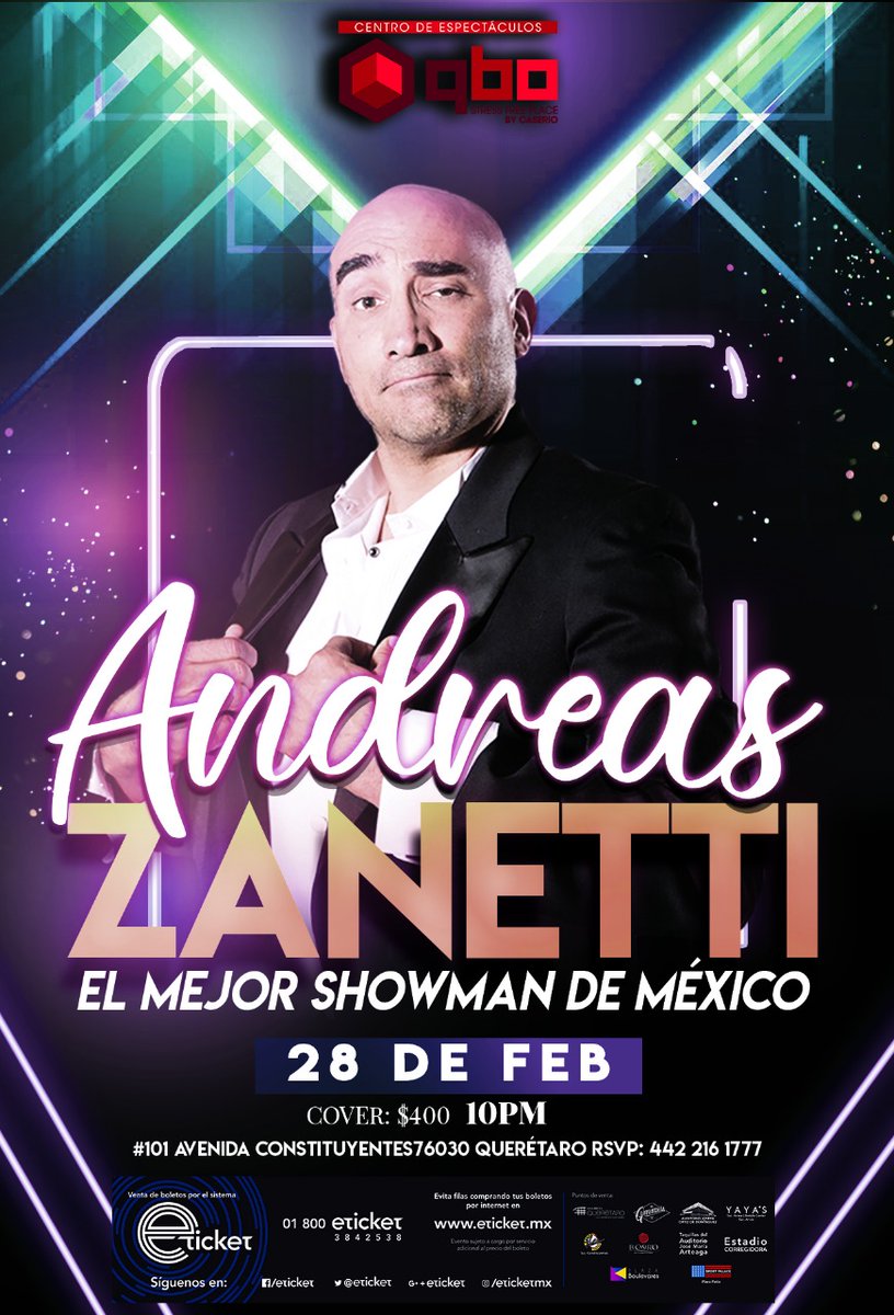 Los mejores shows de Qro. en QBO; este sabado "El mejor showman de M�xico... ANDEAS ZANETTI"#andreaszanetti #elmejorshowmandemexico #losmejoresshows #qboqueretaro #qbocentrodeespectaculos #stressfreeplace conta.cc/2Ts9t59