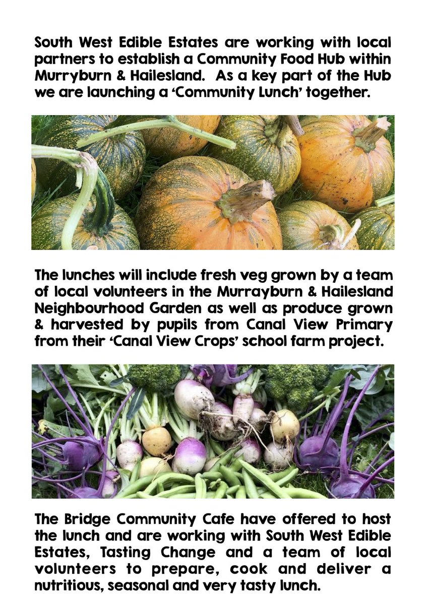 South West Edible Estates are working with local partners to establish a Community Food Hub within Murrayburn & Hailesland. As a key part of the Hub we are launching a 'Community Lunch' together. #communitylunch #localfood #dignity #goodfoodnation #seasonal
