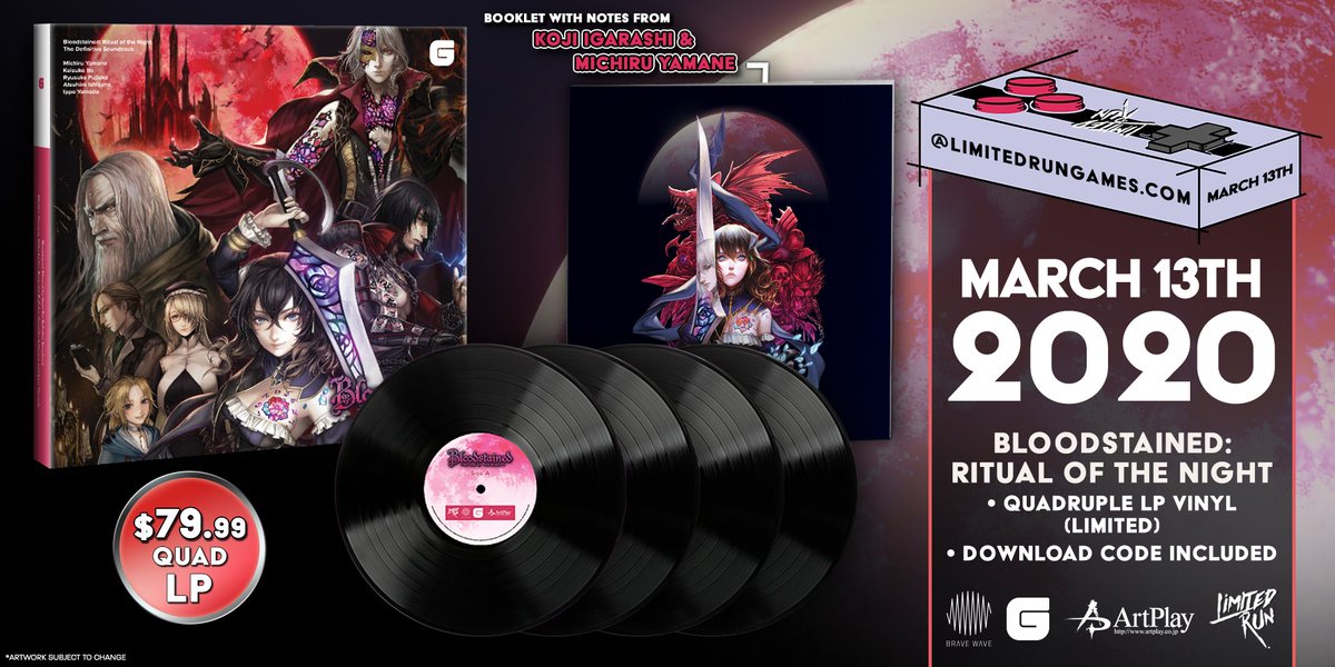 Pre-order Bloodstained Ritual of the Night on vinyl via <a href="/LimitedRunGames/">Limited Run Games</a> on 3/13! Signed LE and Standard variants will be available.

EU customers, we will have info on pre-orders via <a href="/BigwaxIO/">Bigwax.io</a> soon.