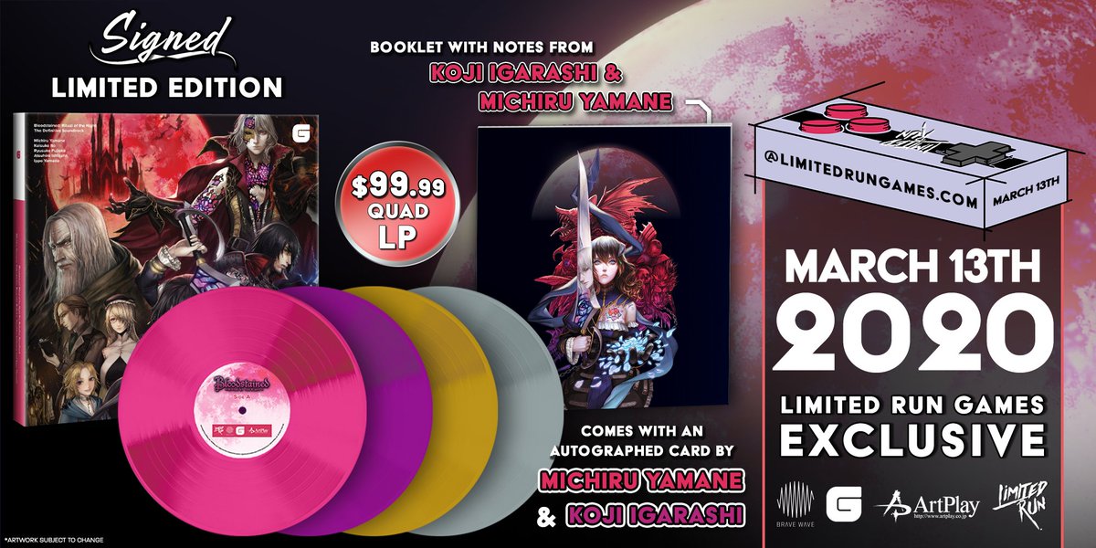 BraveWaveMusic's tweet photo. Pre-order Bloodstained Ritual of the Night on vinyl via @LimitedRunGames on 3/13! Signed LE and Standard variants will be available.

EU customers, we will have info on pre-orders via @BigwaxIO soon. https://t.co/RD3unCunfQ