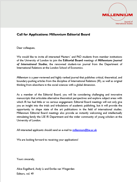 millennjournal's tweet photo. We would like to remind you that all interested #Masters´and #PhD students from member institutions of the University of London are welcome to join our Editorial Board meetings! 📋
 
To do so, please write an e-mail to millennium@lse.ac.uk

#IR #IRjournal #criticaltheory https://t.co/Sx0pDJb5rT