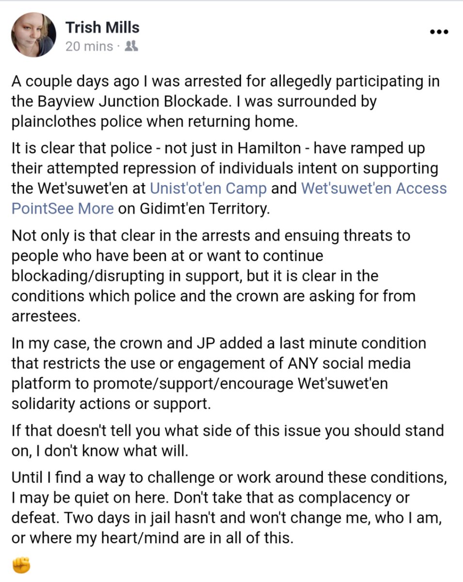Un*fckin*believable.
Conditions for release for #WetsuwetenSolidarity actions include a bar on use of social media to support <a href="/UnistotenCamp/">Unist'ot'en Camp</a> or <a href="/Gidimten/">Gidimt’en Checkpoint</a> 
Understand what we are up against, escalate accordingly. Build organizations capable of withstanding the assault.