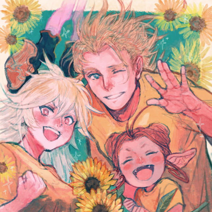sunflower flower smile multiple girls 1boy blonde hair shirt  illustration images