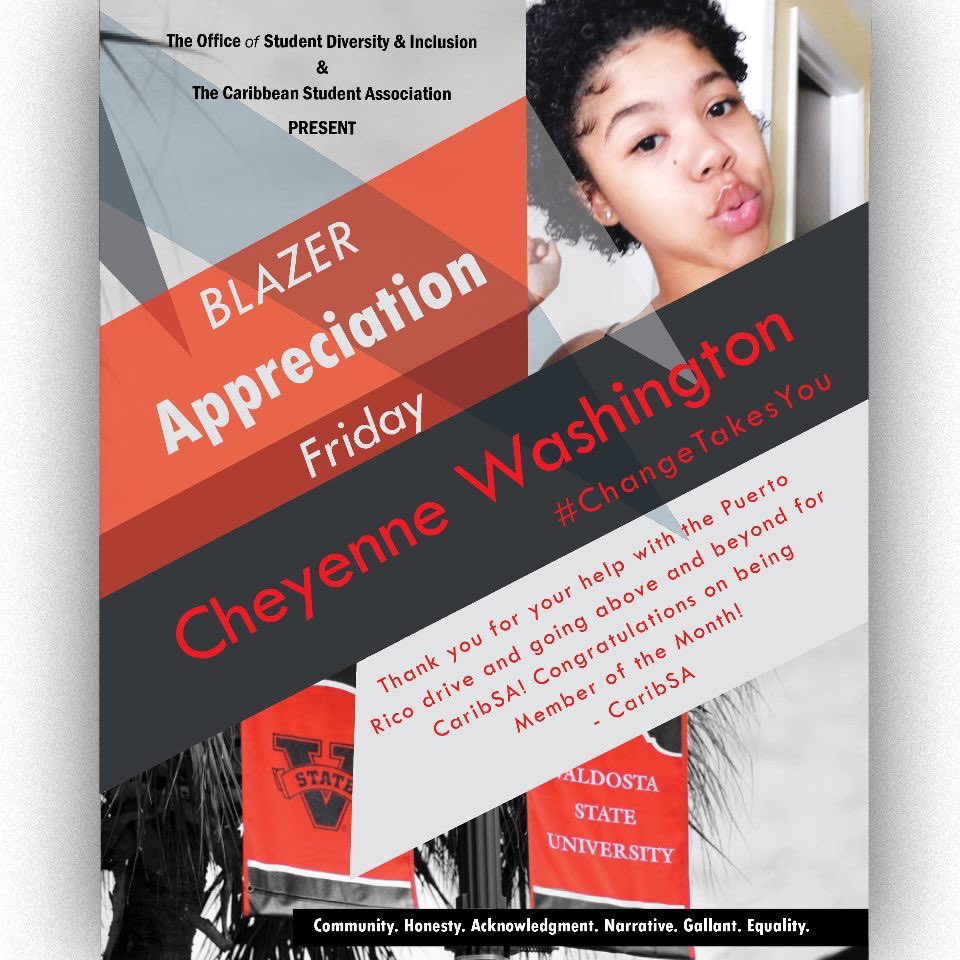 VSU_CaribSA's tweet photo. ITS BLAZER APPRECIATION FRIDAY! Shoutout to Cheyenne Washington. We appreciate you! @VSU_Diversity #VSYOU #BLAZERS #VSU #Blazernation https://t.co/RBBoOmvqx7
