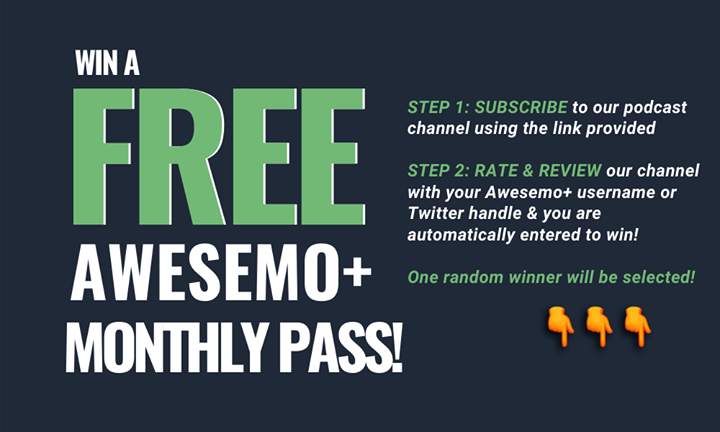 Stokastic's tweet image. 🚨🎁 AWESEMO #DFS PODCAST #GIVEAWAY🎁🚨  

STEP 1: SUBSCRIBE to our channel using the link 👇 .

link.chtbl.com/M3tm3VUF

STEP 2: RATE &amp;amp; REVIEW our channel with your Awesemo+ username or Twitter handle &amp;amp; you are entered to WIN a free Awesemo+ Monthly Pass! 

Winner announced 3/6!