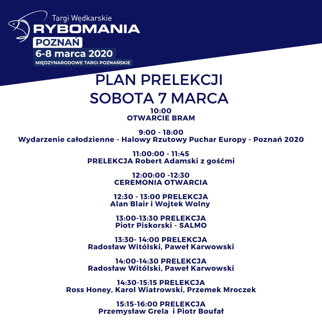 Rybomania's tweet photo. Rybomaniacy‼️
Targi już za tydzień, a my przedstawiamy harmonogram wystąpień naszych Prelegentów, zaplanujcie czas między szalonymi wędkarskimi zakupami! 
#ŁowimyGrubo #MTP @GrupaMtp  @targipoznanskie https://t.co/GGLOhX1GiG