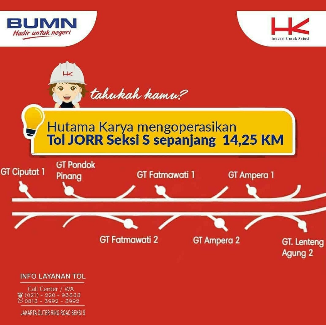 HutamaKaryaToll's tweet photo. #InfoTolJorrS Tahukah #Infrabuddy Kalau PT Hutama Karya Mengoperasikan Jalan Tol Ruas JORR Seksi S Sepanjang 14,5 km. JORR Seksi S yang di kelola oleh Hutama Karya Dari KM 19+550 Sampai 33+800. @RadioElshinta @SonoraFM92 @PTJASAMARGA https://t.co/QjAojGRN9p
