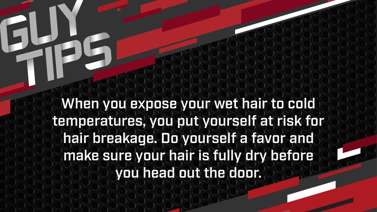 SportClips's tweet photo. When you expose your wet hair to cold temperatures, you put yourself at risk for hair breakage. Do yourself a favor and make sure your hair is fully dry before you head out the door. #GuyTip https://t.co/XbFMg7I811