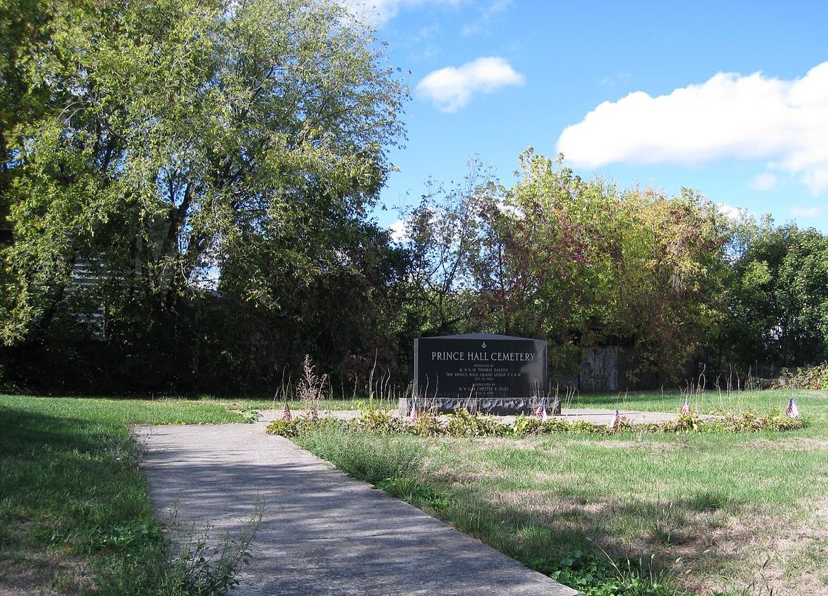 Prince Hall masons set up a cemetery on this site in the 1860s and used it for about thirty years, but then it fell into disuse and was forgotten for a century, until 1987, when it was rediscovered and rededicated.