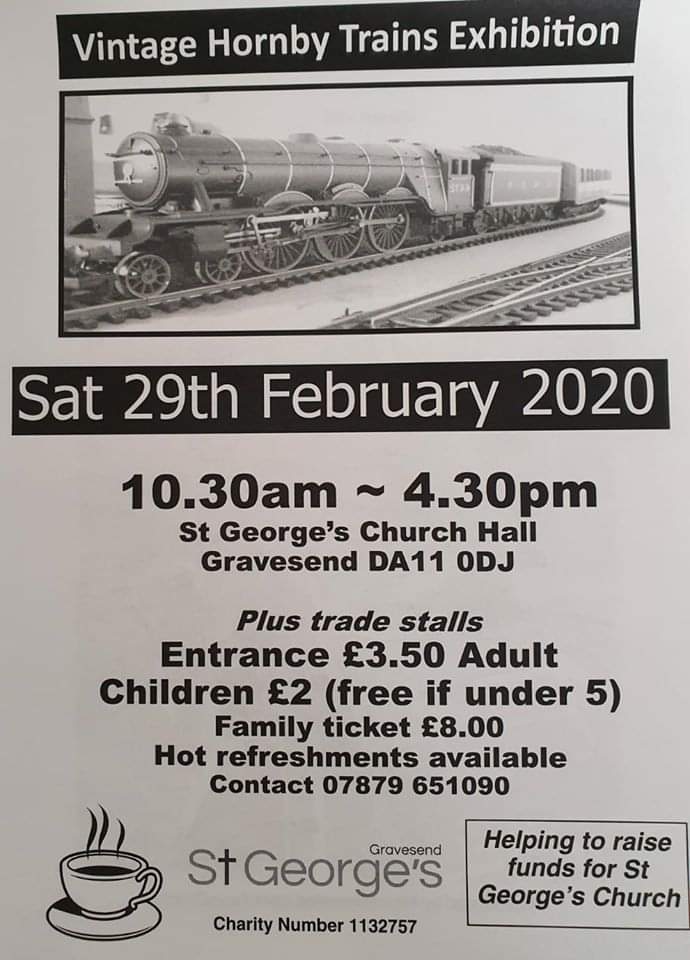 Visit_Gravesham's tweet photo. 🚂 Vintage #Hornby Trains Exhibition 🚂 St George’s Church Hall, tomorrow, 10:30am - 4:30pm.

All welcome to the 12th annual #ModelRailway Exhibition. There will also be trade stalls &amp; hot refreshments available. ☕️

Adults: £3.50
Children £2 (under 5s free)
Family ticket: £8 https://t.co/8vw1W2z6Fd