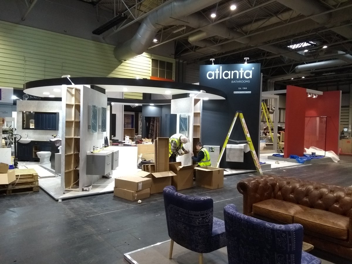 AtlantaBeModern's tweet photo. Our team are busy preparing for the #kbb2020 opening day on Sunday and it's all coming together nicely on stand A90. Very exciting! Come and visit us. #Atlantabathrooms #kbb #bathroomfurniture #madeinbritain https://t.co/nxJRQbHBWI