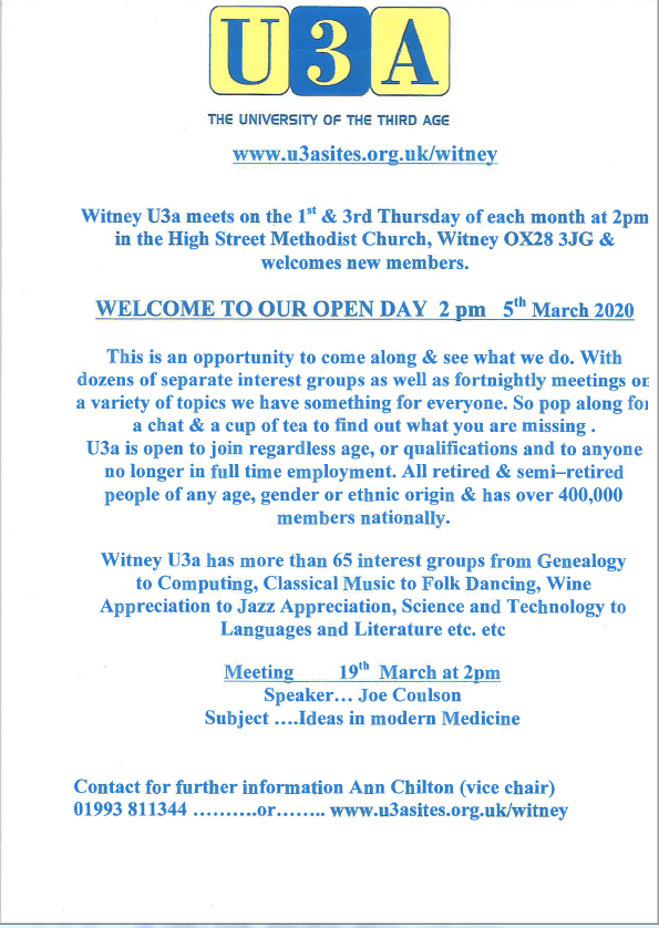 Looking for something to do in your retirement? Why not pop along to the Witney U3A Open Day? <a href="/moreWitney/">WitneyVIC</a>