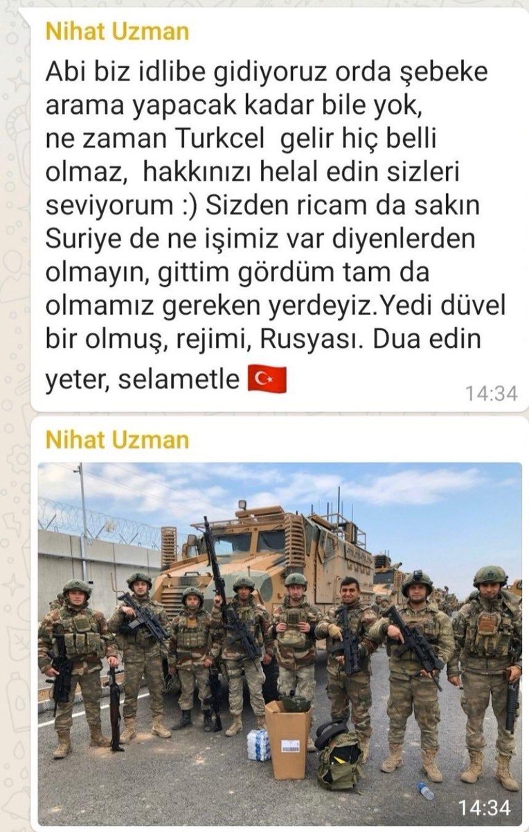 Yiğit şehidimizden mesaj var...

Okurken gözlerim doldu...

Gurur duydum böyle bir Milletin evladı olmaktan...

Esedsever Bay Kemal gibiler ne anlar bu asaletten, bu yiğitlikten...

Şehidimize rahmet diliyoruz...  <a href="/kilicdarogluk/">Kemal Kılıçdaroğlu</a> <a href="/meral_aksener/">Meral Akşener</a> okuyun notu.
