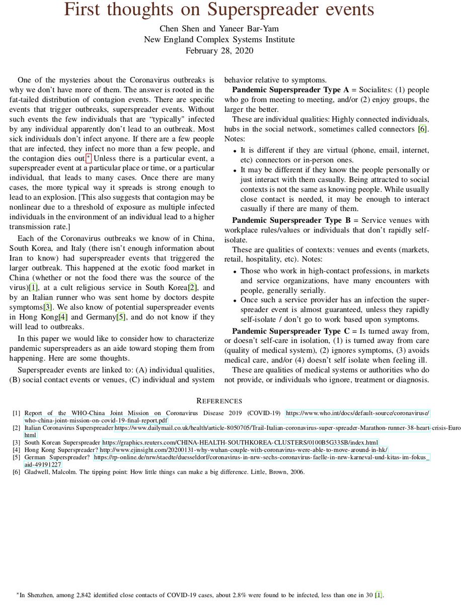 yaneerbaryam's tweet photo. First thoughts on Superspreader events for Coronavirus and why stopping them is extremely important. Comments welcome @nntaleb https://t.co/g4paJrdG2g